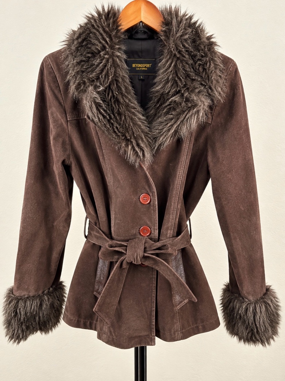BeyondSport Brown Faux Fur Trim Belted Jacket Women’s L Y2K